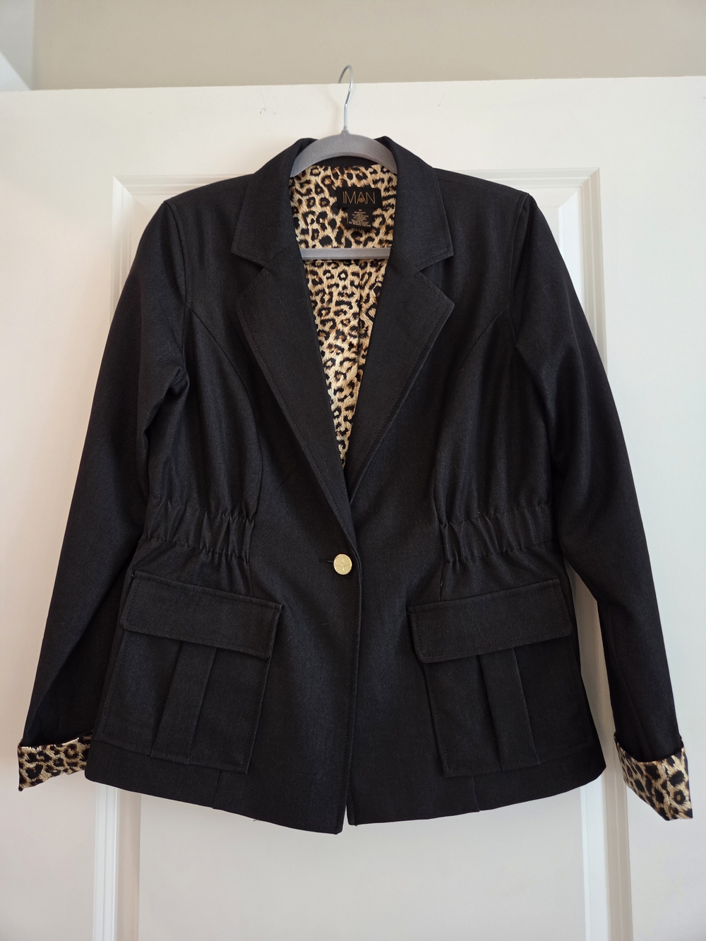 IMAN Black Blazer Jacket Leopard Print Lining & Cuffs Size Medium